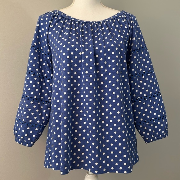Talbots Tops - Talbot Blue Blouse with White Polkadots